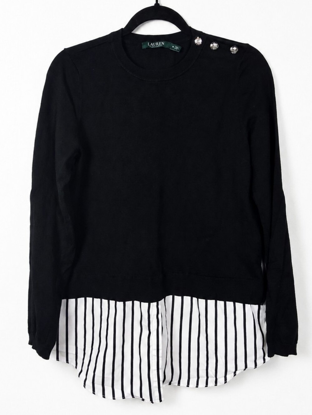 Lauren Ralph Lauren Layered Sweater Black Stripe Hem Button Shoulder Top M